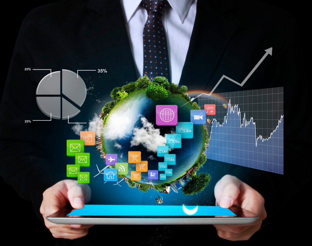 businessman with financial symbols coming from hand
